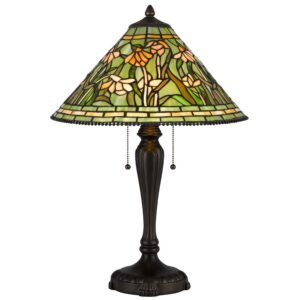 24 Inch Table Lamp, Floral Tiffany Style Stained Glass, Bronze Resin
