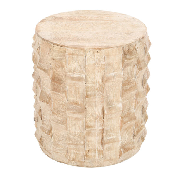 300620266a442b96a62bf.jpeg 20 Inch Side End Table, Round Drum Shape with 3D Textured Design, Distressed White Finish
