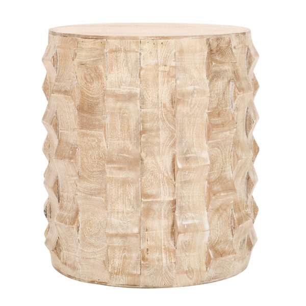 300620266a442b9b95e7c.jpeg 20 Inch Side End Table, Round Drum Shape with 3D Textured Design, Distressed White Finish