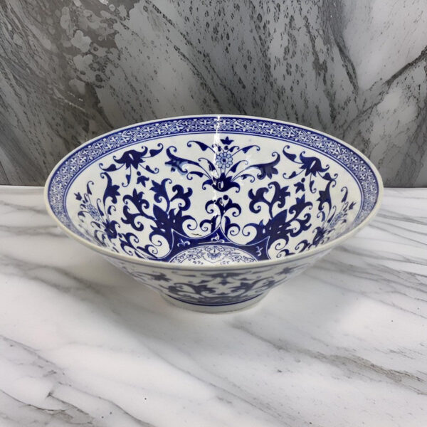 300620266a442be9505cc.jpeg Cherry 16 Inch Decorative Bowl, Ceramic, Floral Design, Blue and White
