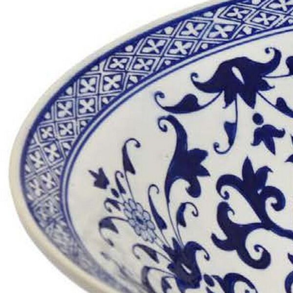 300620266a442beba2678.jpeg Cherry 16 Inch Decorative Bowl, Ceramic, Floral Design, Blue and White