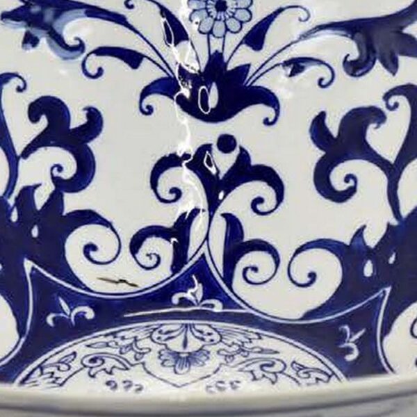 300620266a442bfe9c9e8.jpeg Cherry 16 Inch Decorative Bowl, Ceramic, Floral Design, Blue and White