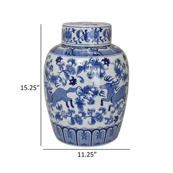 300620266a442c36daf34.jpeg Gloomy 15 Inch Decorative Jar, Ceramic Frame, Blue and White Floral Print