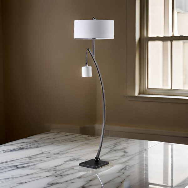 300620266a442d0fa41f0.jpeg Jiya 59 Inch Arc Floor Lamp, Hanging Design, 2 White Drum Shades, Black