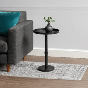 Ara 22 Inch Side End Table, Vintage Sleek Pillar Base, Round Tray Top, Matte Black