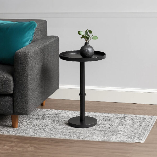 300620266a442dfd9788e.jpeg Ara 22 Inch Side End Table, Vintage Sleek Pillar Base, Round Tray Top, Matte Black