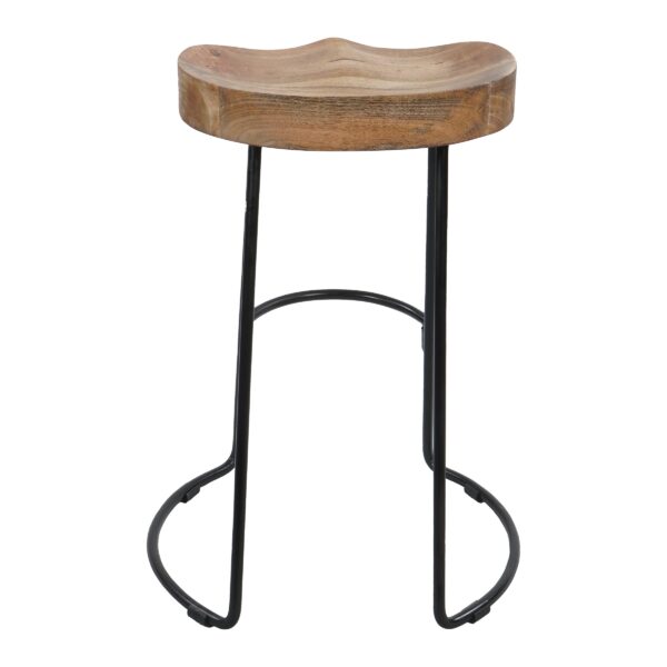 30 Inch Handcrafted Backless Counter Height Barstool, Natural Brown Mango Wood Saddle Seat, Black Iron Base