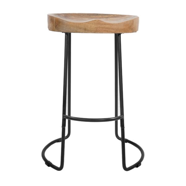 30 Inch Handcrafted Backless Counter Height Barstool, Natural Brown Mango Wood Saddle Seat, Black Iron Base