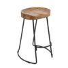 30 Inch Handcrafted Backless Counter Height Barstool, Natural Brown Mango Wood Saddle Seat, Black Iron Base
