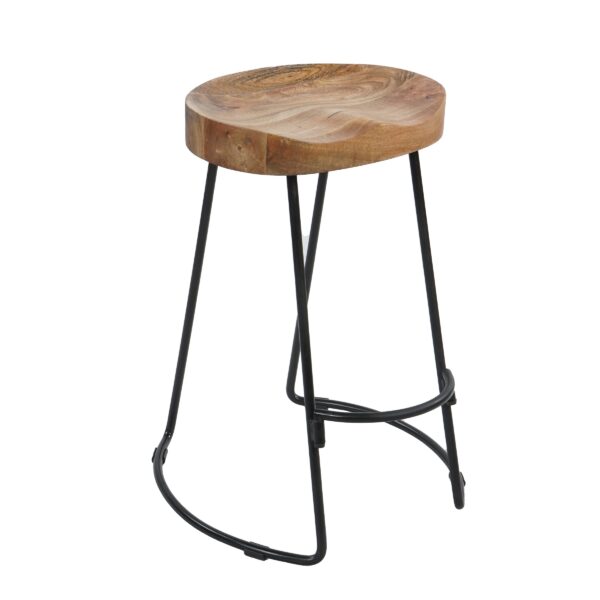 30 Inch Handcrafted Backless Counter Height Barstool, Natural Brown Mango Wood Saddle Seat, Black Iron Base