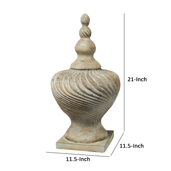 22 Inch Lidded Vase with Turned Finial Design and Swirl Pattern, White