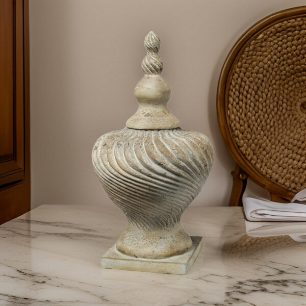 22 Inch Lidded Vase with Turned Finial Design and Swirl Pattern, White