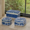 Set of 3 Decorative Boxes, White and Blue Porcelain Pottery, Floral Designs