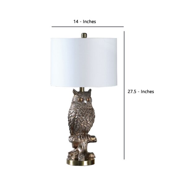 Polyresin Sitting Owl Design Table Lamp with Round Base, Silver