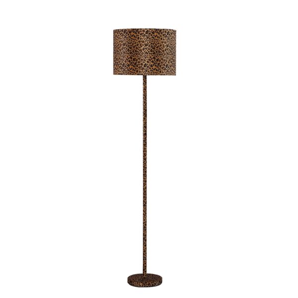 Fabric Wrapped Floor Lamp with Dotted Animal Print, Brown and Black