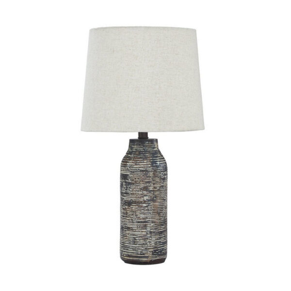 300620266a4436cfaa5fb.jpeg Fabric Shade Table Lamp with Textured Base, Set of 2, White and Black