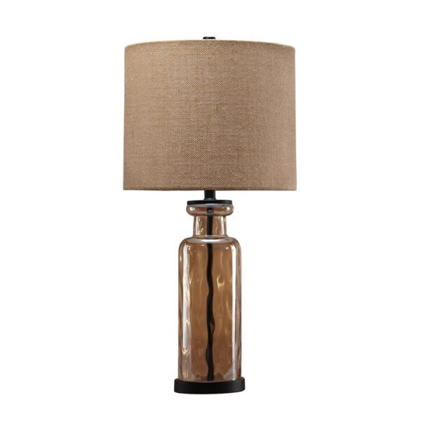 Glass Table Lamp with Fabric Drum Shade, Gold and Beige