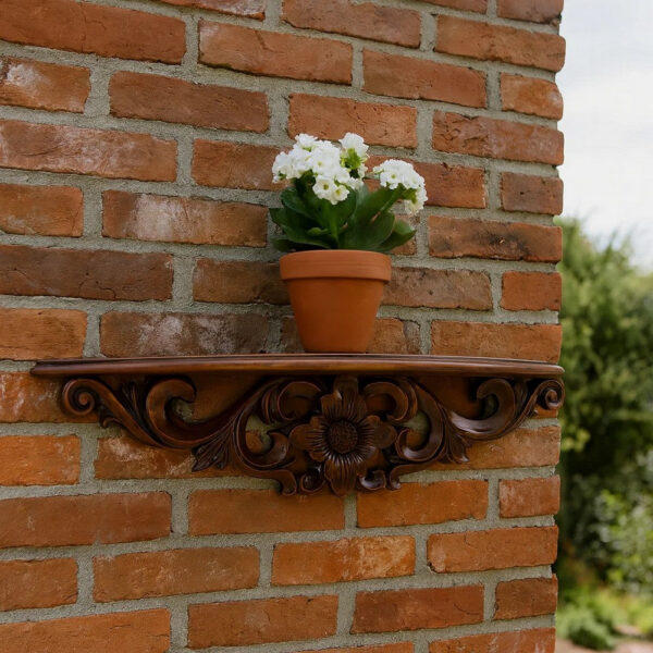 Hand Carved Wooden Moonbay Wall Shelf in Floral Design, Brown
