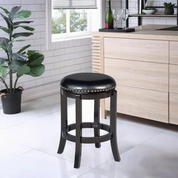 Nailhead Trim Round Leatherette Swivel Counter Stool with Flared Leg, Black