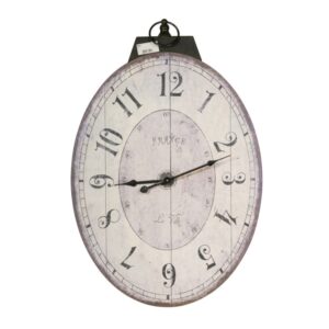Distressed Oval Shape Wooden Wall Clock with Ring Hanger, White and Black