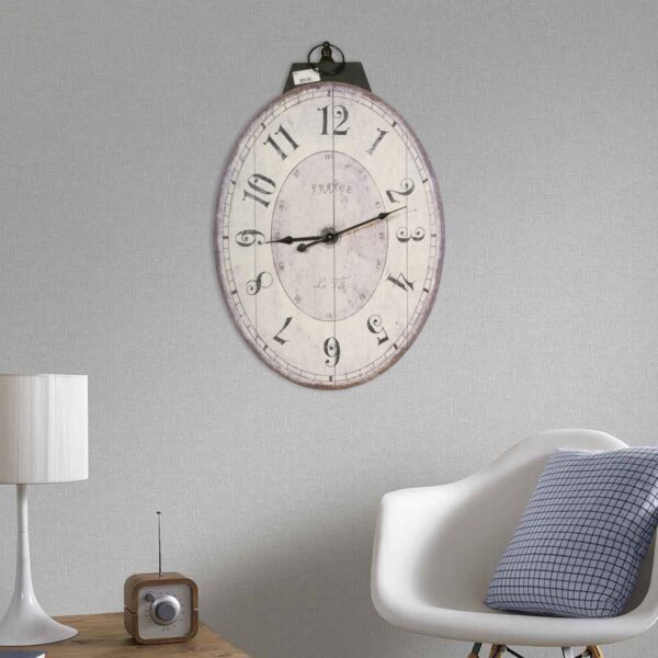 300620266a4441f9ab9a3.jpeg Distressed Oval Shape Wooden Wall Clock with Ring Hanger, White and Black
