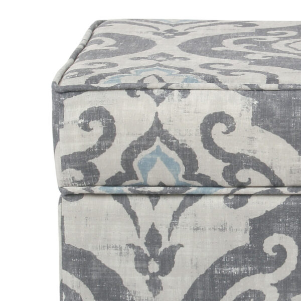 Wooden Ottoman with Patterned Fabric Upholstery and Hidden Storage, Gray and Blue