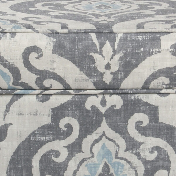 Wooden Ottoman with Patterned Fabric Upholstery and Hidden Storage, Gray and Blue