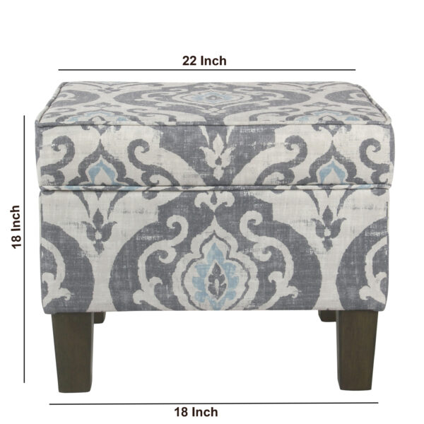 Wooden Ottoman with Patterned Fabric Upholstery and Hidden Storage, Gray and Blue