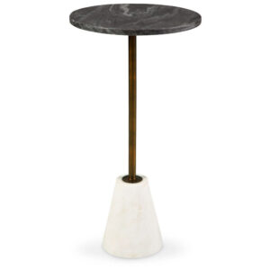 Cira Accent Table, 12 Inch Round Black and White Marble Top, Gold Metal