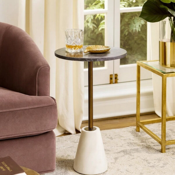 300620266a444645e0018.jpeg Cira Accent Table, 12 Inch Round Black and White Marble Top, Gold Metal