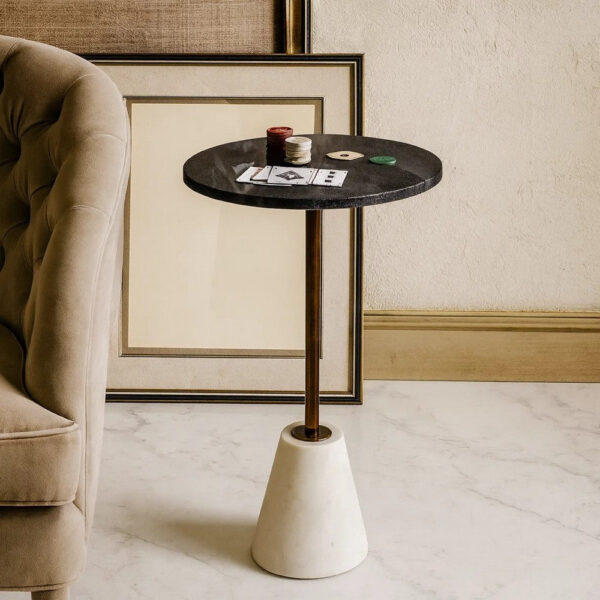 300620266a44464aaac87.jpeg Cira Accent Table, 12 Inch Round Black and White Marble Top, Gold Metal