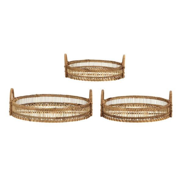 3pc Storage Baskets with Handles, Natural Brown Bamboo Woven Decor