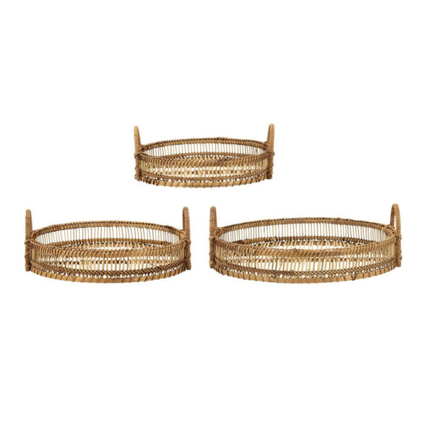 3pc Storage Baskets with Handles, Natural Brown Bamboo Woven Decor