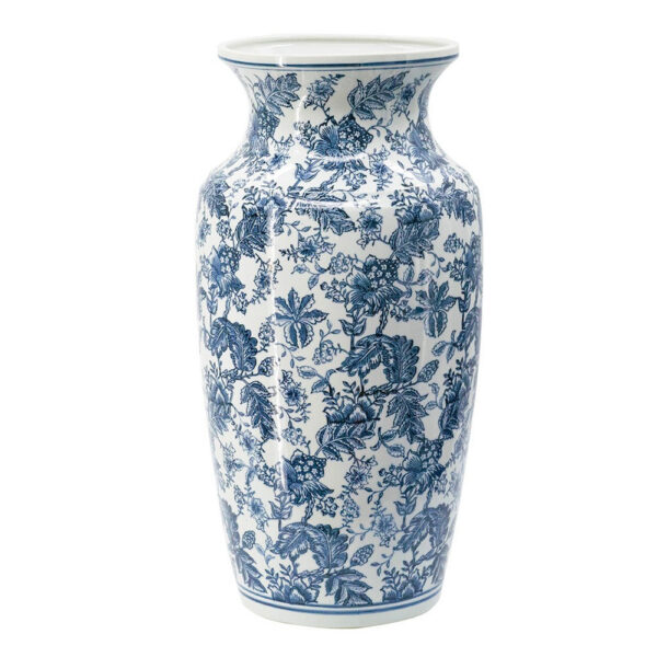 Macy Wide Decorative Vase, Traditional Floral Blue White Porcelain 12 Inch