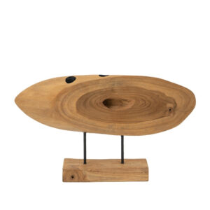 Upin Abstract Oval Sculpture on Base, Brown Wood Black Metal, 16 Inch