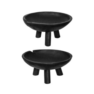 Decorative Footed Bowls Set of 2, Tripod Legs, Black Teak Wood, 12 Inch
