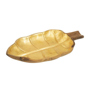 Decorative Leaf Shaped Platter with Stem Handle, 16 Inch Gold Teak Wood