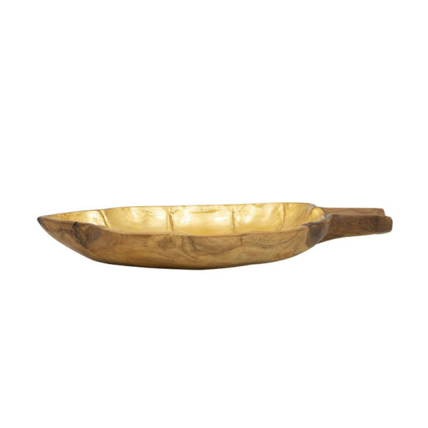 Decorative Leaf Shaped Platter with Stem Handle, 16 Inch Gold Teak Wood