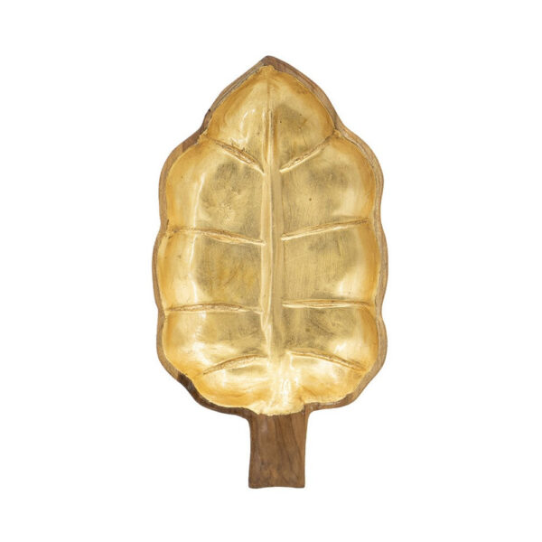 Decorative Leaf Shaped Platter with Stem Handle, 16 Inch Gold Teak Wood