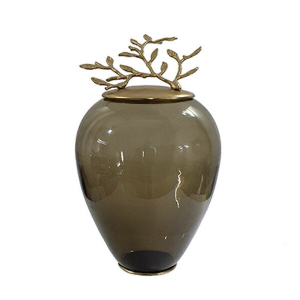 300620266a445736254f8.jpeg Abby Decorative Jar with Gold Aluminum-Brass Leaf Lid, Green Glass 14 Inch