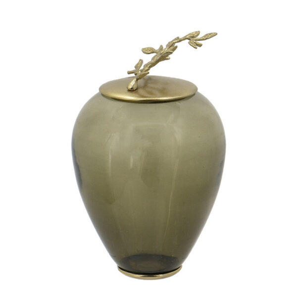 300620266a44573f96714.jpeg Abby Decorative Jar with Gold Aluminum-Brass Leaf Lid, Green Glass 14 Inch