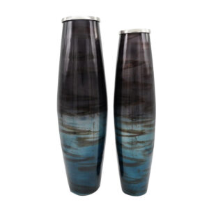 Viena Decorative Vase Set of 2, Aluminum Rim, Layered Blue Glass