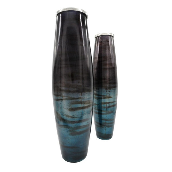 Viena Decorative Vase Set of 2, Aluminum Rim, Layered Blue Glass