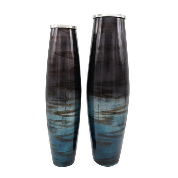 Viena Decorative Vase Set of 2, Aluminum Rim, Layered Blue Glass