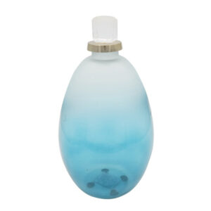 Ethan Decorative Bottle with Lid, Gold Metal Detail, Blue-White Glass 15in