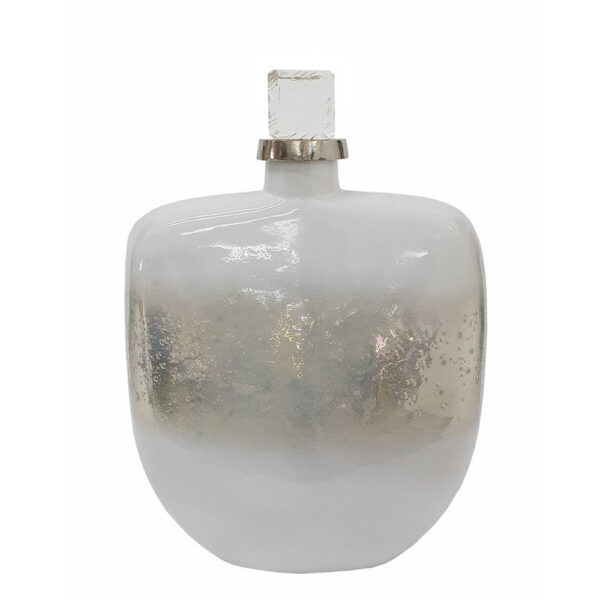 300620266a44580166bae.jpeg Akky Decorative Bottle with Lid, Aluminum Collar Silver-White Glass 16 Inch