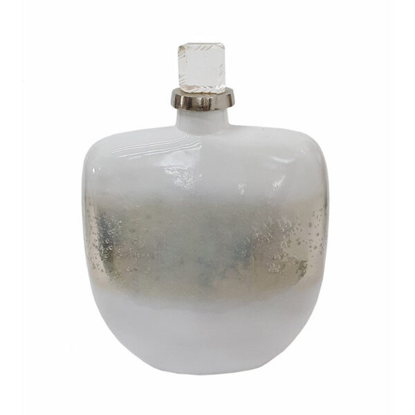 300620266a44580577961.jpeg Akky Decorative Bottle with Lid, Aluminum Collar Silver-White Glass 16 Inch