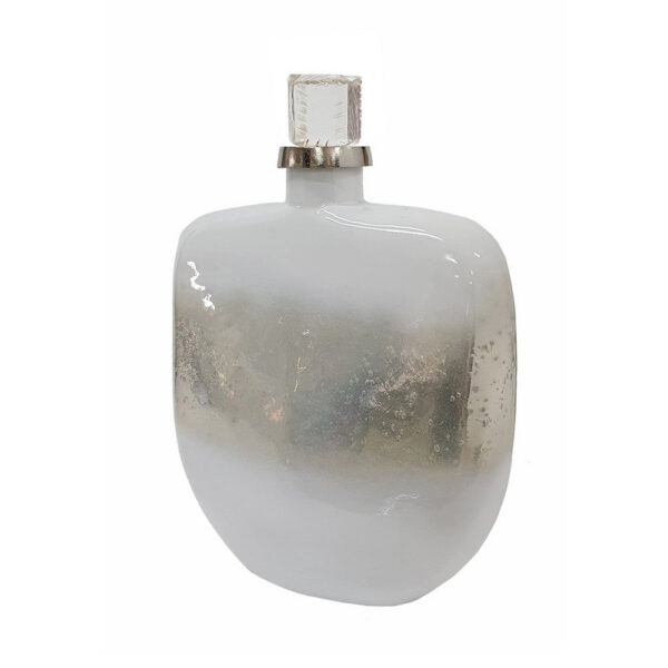 300620266a4458094c54b.jpeg Akky Decorative Bottle with Lid, Aluminum Collar Silver-White Glass 16 Inch