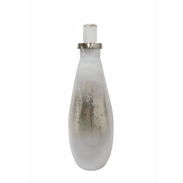 300620266a44580d18140.jpeg Akky Decorative Bottle with Lid, Aluminum Collar Silver-White Glass 16 Inch