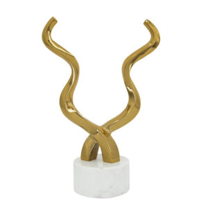 Decorative Horn Sculpture, 15 Inch Gold, Contemporary White Marble Base